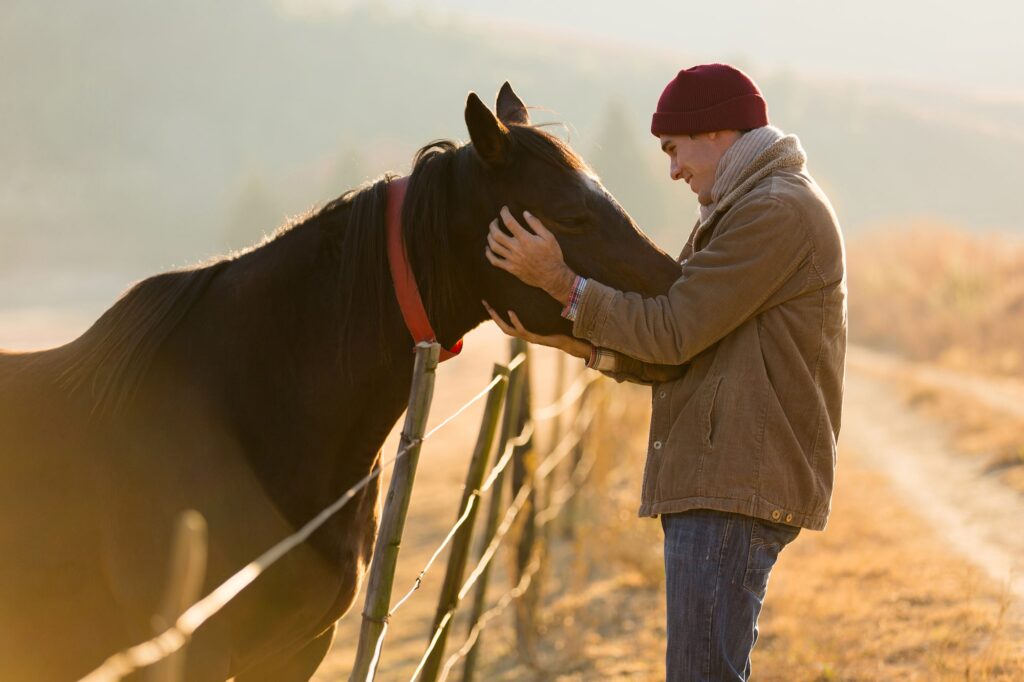 A soldier with post-traumatic stress disorder partaking in equine-assisted activities at TMF-min